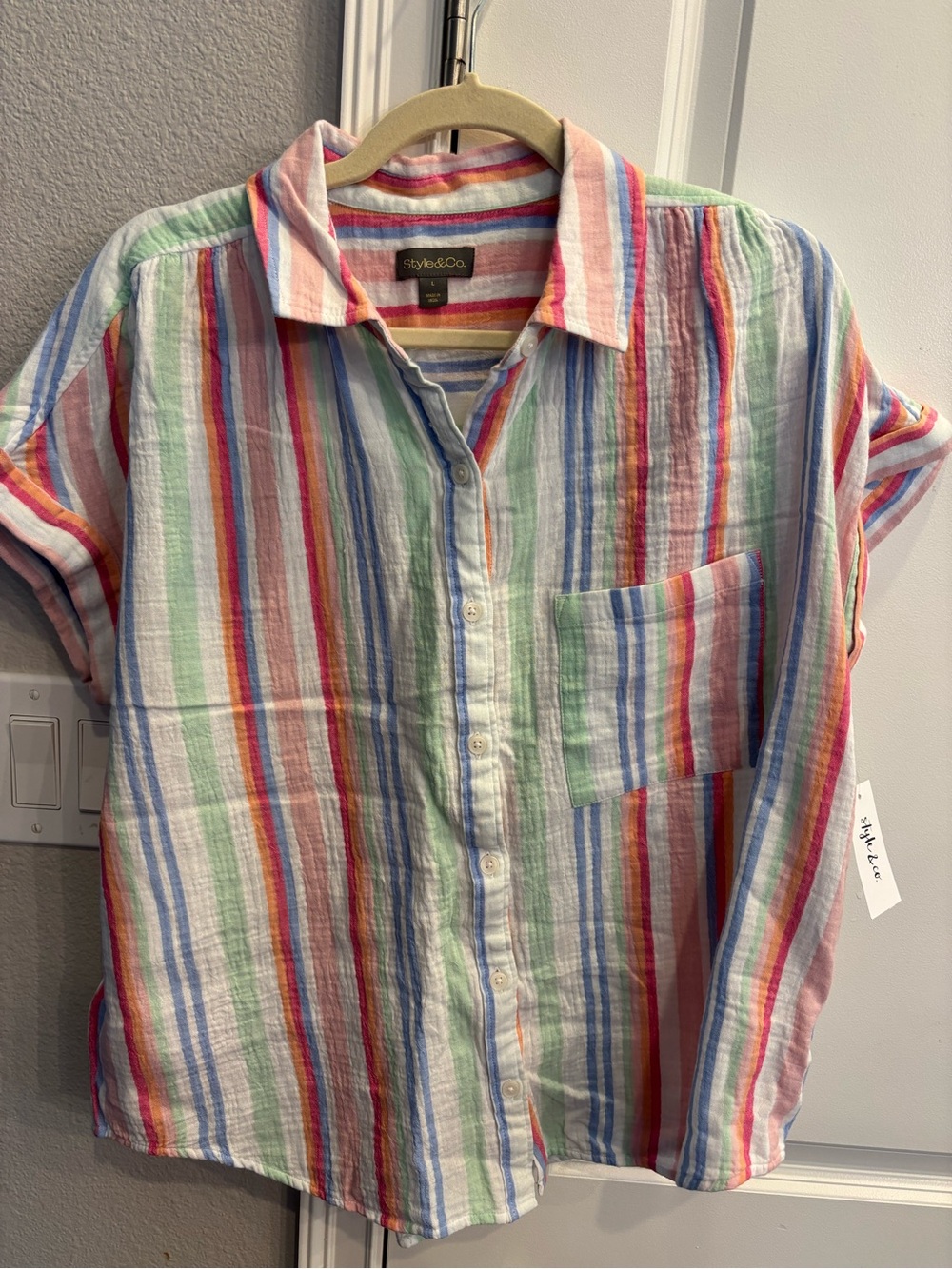 Style & Co. Multicolor Striped Button-Up Camp Shirt Cotton L NWT